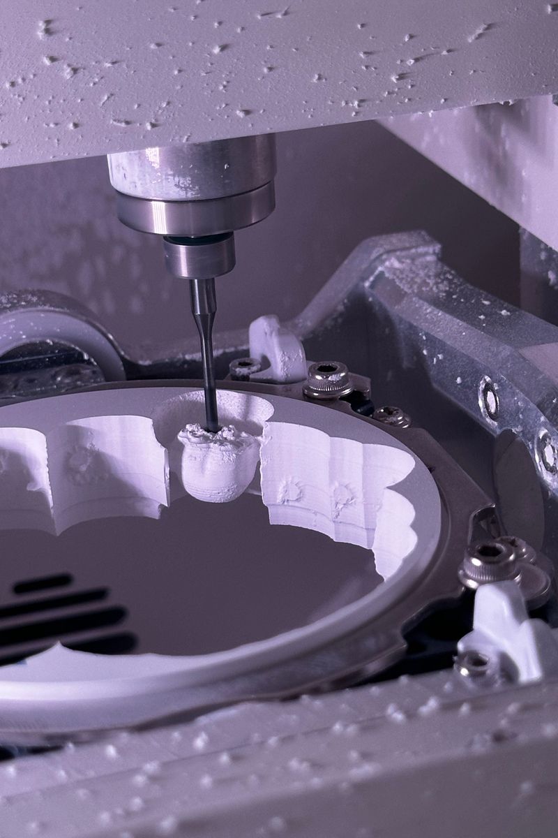 A CNC milling machine cutting a metal part
